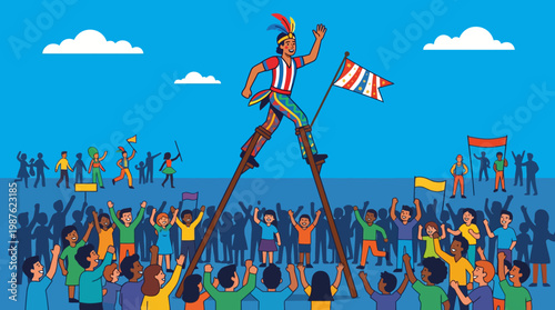 Giant puppet leading festive crowd.