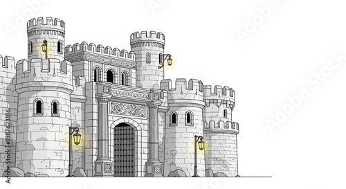 Detailed illustration of a grand medieval castle gate on World Heritage Day, showcasing intricate stone architecture and towering turrets against a stark white background, emphasizing