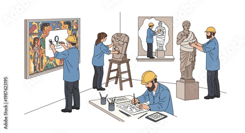 On World Heritage Day, a team of preservationists in hard hats are carefully restoring various artworks and statues in a brightly lit museum setting, using precision tools and techniques