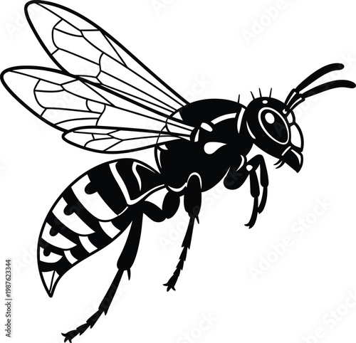 Black and white vector illustration of a flying hornet or wasp.