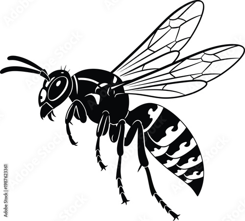 Black and white vector illustration of a flying wasp.