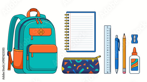 A vibrant collection of essential school supplies including a backpack, notebook, pencil case, ruler, pen, pencil, sharpener, and glue, ready for learning.