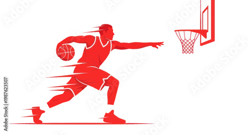 Basketball Player Dribbling Ball Towards Hoop, Dynamic Motion Lines, Red Silhouette