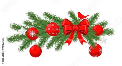 Christmas Garland with Red Ornaments, Bow, and Cardinal