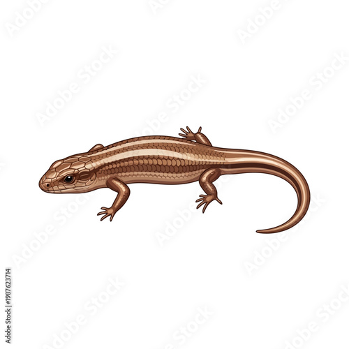 Detailed illustration of a common skink, a small, terrestrial reptile with smooth scales, captured in natural brown tones on a pristine white background
