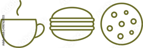 Coffee and sweets icon set. Macaron, cookie, cafe. Sweet snack symbols on white background