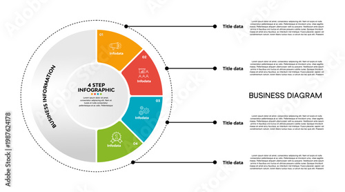 4 option step infographic with business icons and sample presentation text for reports or sales. 4 option business Venn diagram. Vector EPS