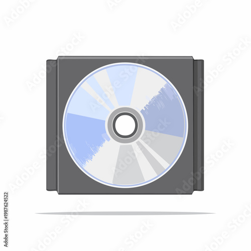 Compact disc in gray jewel case, flat design, media storage illustration