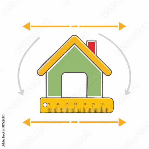 Cartoon house with ruler measuring dimensions and architectural planning concepts.