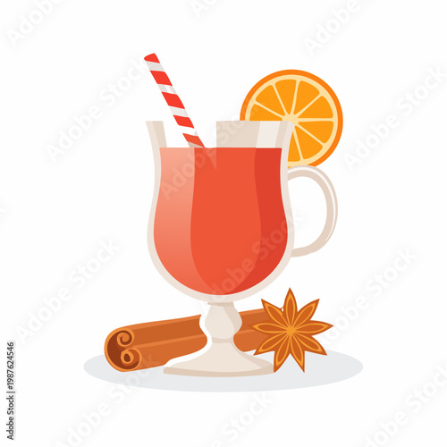 Illustration of a festive warm drink with cinnamon, star anise, and orange slice