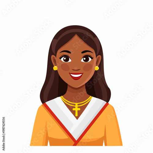 Smiling portrait of a woman with brown hair and a golden cross necklace