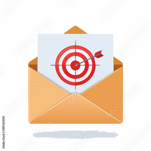 Email communication concept with target bullseye inside an envelope.