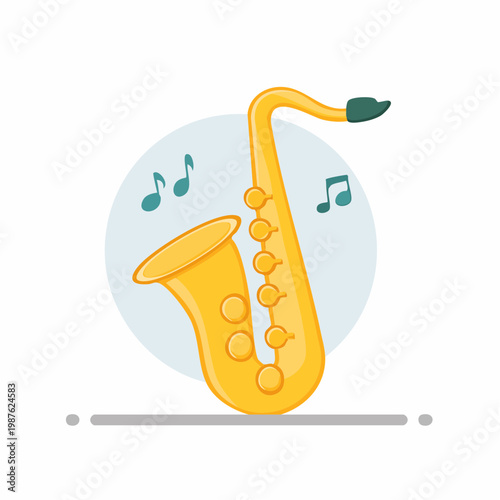 Cartoon illustration of a gold saxophone with musical notes for music lovers
