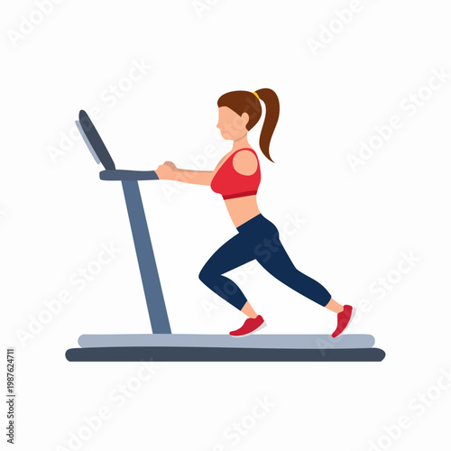 Woman exercising on treadmill in fitness studio, side view. Healthy lifestyle and cardio workout