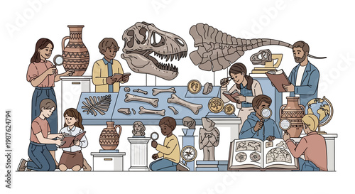 A diverse group of children examines artifacts and fossils with magnifying glasses in a museum education kits setting, presented in a hand-drawn style against a clean white background