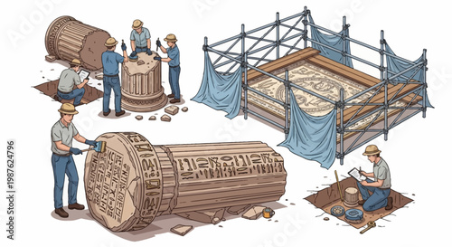 Illustration of workers restoring ancient ruins with museum education kits, meticulously repairing large stone columns and intricate carvings, presented in a clean, detailed style