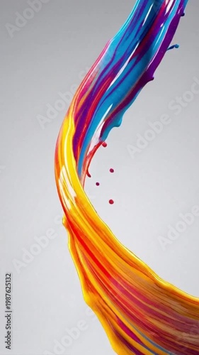 animation of colorful paint splashes flowing in an elegant abstract motion against a clean white background. The fluid dynamics and vibrant colors create a visually striking composition with smooth.