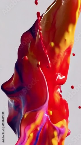 animation of colorful paint splashes flowing in an elegant abstract motion against a clean white background. The fluid dynamics and vibrant colors create a visually striking composition with smooth.