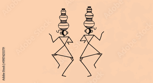 Warli art tribal dancers vector illustration, traditional Indian folk painting style, ethnic stick figures carrying pots on heads, cultural heritage art