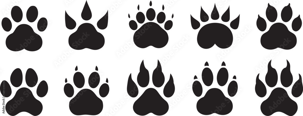 Fototapeta premium Animal Paw Print Silhouettes – Black Icons Representing Tracks of Cats, Dogs, Bears, and Mammals