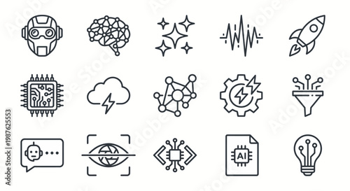 Vector icon set for AI tools and automation software. Modern outline style for machine learning interfaces, SaaS platforms, and technology dashboards. Professional digital transformation symbols.