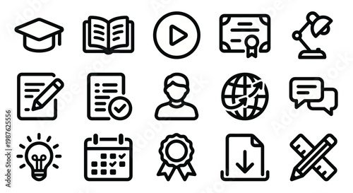 Vector icon set for online education and LMS platforms. Bold rounded outline style for e-learning apps, student dashboards, and educational websites. Professional academic interface symbols.