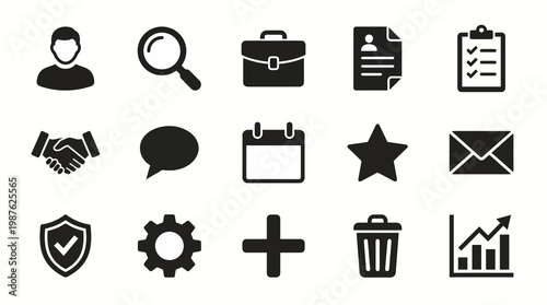 Vector icon set for HR management and recruitment platforms. Bold solid style for applicant tracking systems, employee dashboards, and hiring UI/UX. Professional business interface symbols.