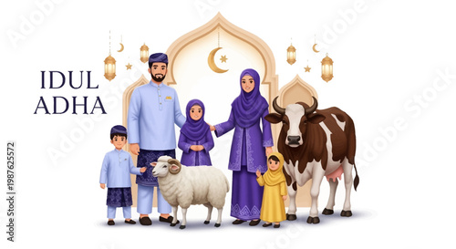 A happy Muslim family stands together for Eid al-Adha, dressed in traditional clothing, with a cow and sheep beside them, set against a decorative archway in a colorful, joyous, and festive