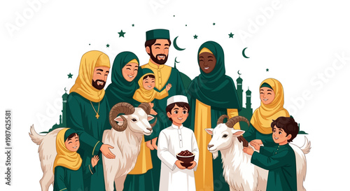 A diverse Muslim family, including children, dressed in traditional clothing, stand together with goats and sheep against a white background in a colorful, cheerful illustration celebrating