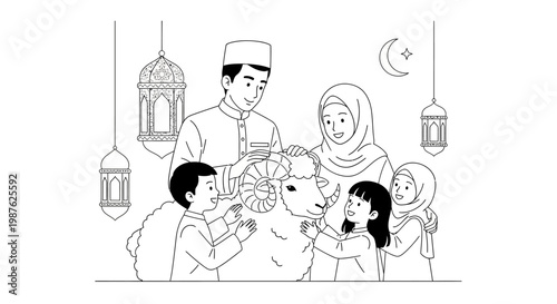 Monochromatic line art depicts a Muslim family gathered around a ram, with the mother wearing a hijab, under hanging lanterns and a crescent moon, creating a celebratory mood
