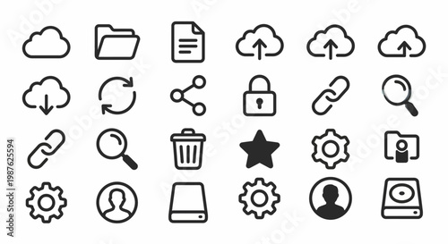 Vector icon set for cloud storage and file management apps. Rounded outline style for digital workspace UI/UX, SaaS dashboards, and data systems. Professional web and mobile interface symbols.