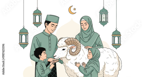 An illustration shows a Muslim family dressed in green, gathered around a white ram with ornate lanterns hanging in the background, set against a clean white backdrop with a crescent moon