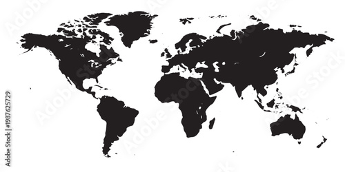 Black silhouette of world map continents.