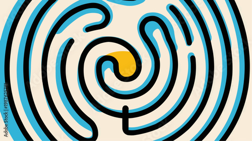 Flat vector illustration of a clean minimalist spiral maze, suitable for puzzle games, educational content, or abstract design projects.
