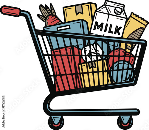 Full Shopping Cart Illustration with Groceries and Milk in Playful Retro Style
