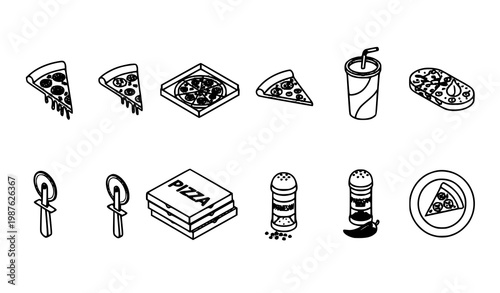 Isometric pizza vector icon set with slices, boxes, and related food items