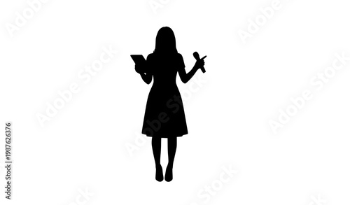 Vector silhouette of a confident woman with tablet and microphone for presentations or performances