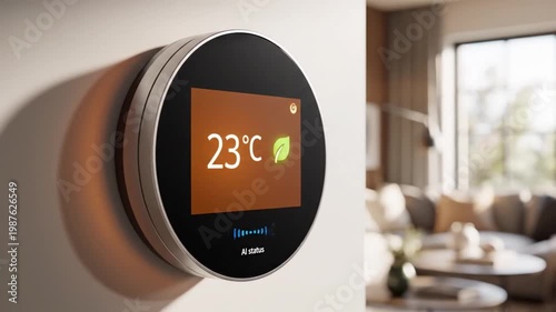 Modern Intelligent Thermostat System For Room Temperature Monitoring And Control. Sophisticated Home Climate Regulation Unit Featuring Interactive Display And Realtime Temperature Status