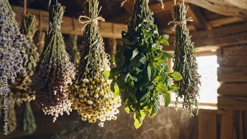 Herb Drying Scene. Herbal Bundles Hanging In Warm Sunlight. Rustic Barn With Herbs Drying And Dust Motes Floating. Cozy Herb Drying Setup In Sunlit Loft With Fragrant Aroma And Dust Particles