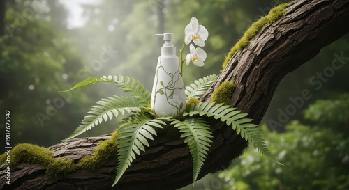 Eco friendly perfume bottle on tree.