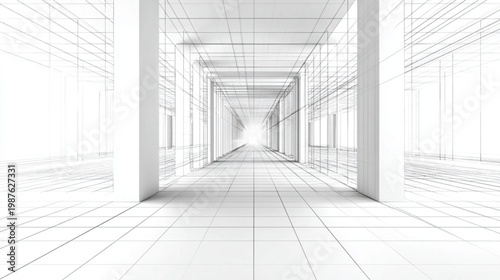 Wireframe 3D Architectural Corridor With Columns And Grid Floor For Technology And Design Concepts