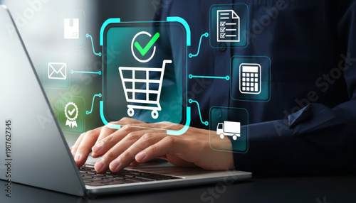 Person Using Laptop for Online Shopping with Digital E commerce Workflow Icons Overlay