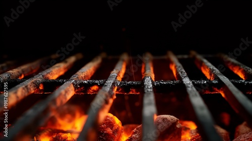 Glowing hot coals beneath metal grill grates