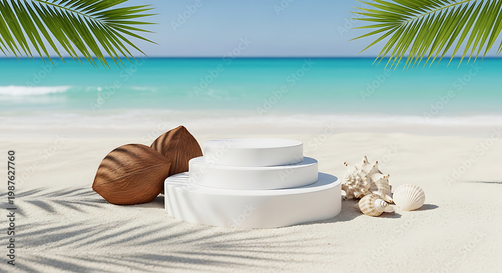 Obraz premium Minimalist White Podium on a Sandy Beach with Coconuts and Seashells