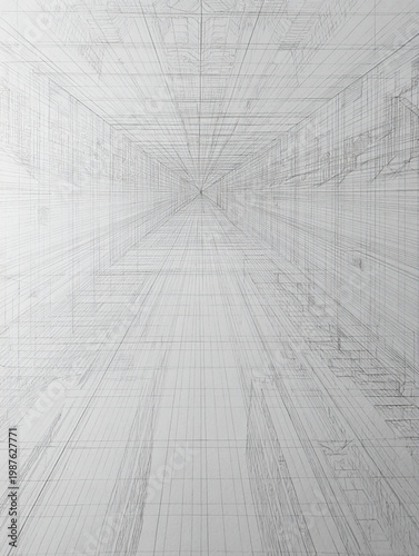 Wireframe 3D Room Perspective View For Architectural Concepts And Technology Backgrounds