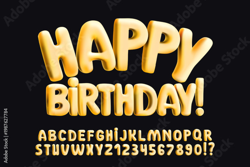 3D inflated golden font, holographic metal bubble letters, foil balloon numbers. Fun festive party design for birthday poster, cool baby cute Y2K text. Glossy iridescent typography, plump round shapes