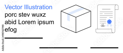 Logistics, legal services, certification, e-commerce, package delivery, shipping. A box with tape and a signed document with a seal. Logistics and legal services concept