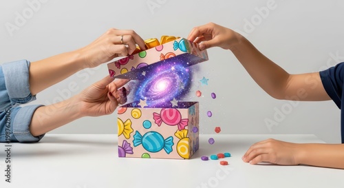 Two people opening colorful gift box.