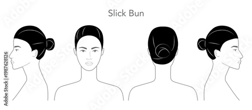 Slick Bun hairstyle black white vector front back profile views, smooth bun hair structure tight composition for salon, hairdresser, fashion illustration, beauty reference