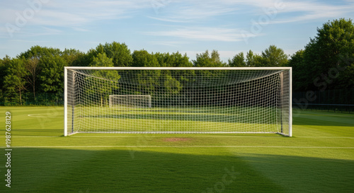 Soccer goal stands on a vibrant green grass field under a sunny sky; athletic sporting equipment in a natural setting for sports.